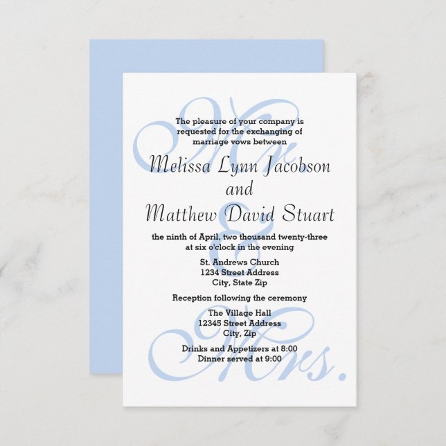 Mr. & Mrs. Blue-3x5 Wedding & Reception Invitation (Front/Back)