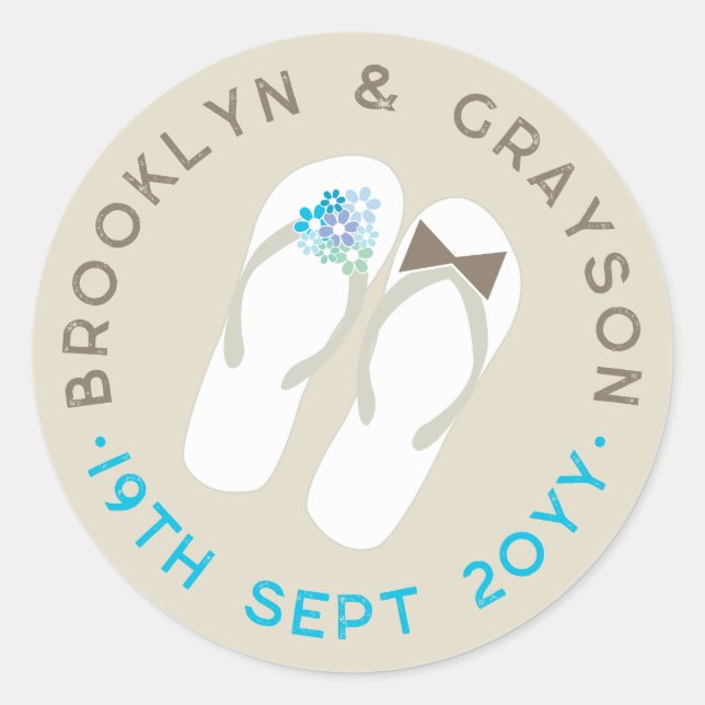 Mr & Mrs Blue Flowers Flip Flops Beach Wedding Classic Round Sticker (Front)
