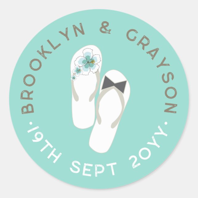 Mr & Mrs Blue Hibiscus Flip Flops Beach Wedding Classic Round Sticker (Front)