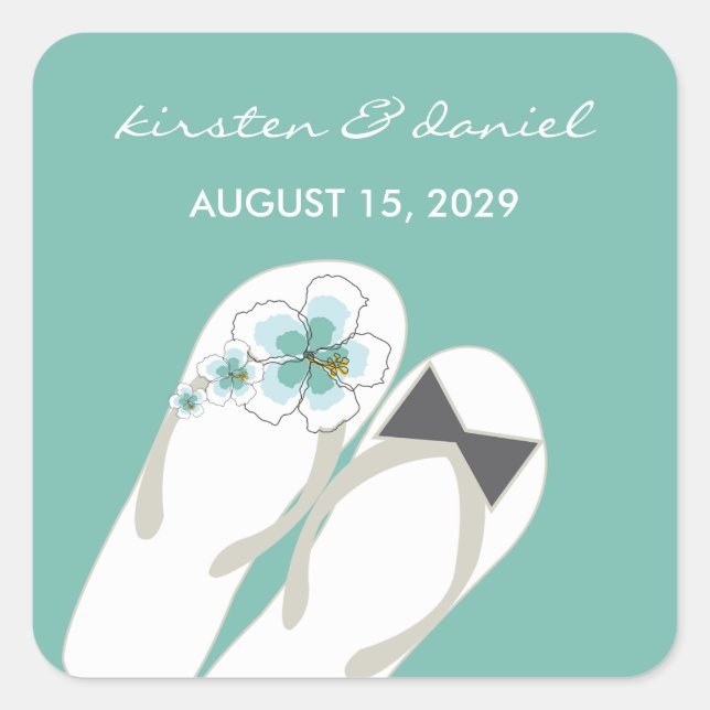 Mr & Mrs Blue Hibiscus Flip Flops Beach Wedding Square Sticker (Front)