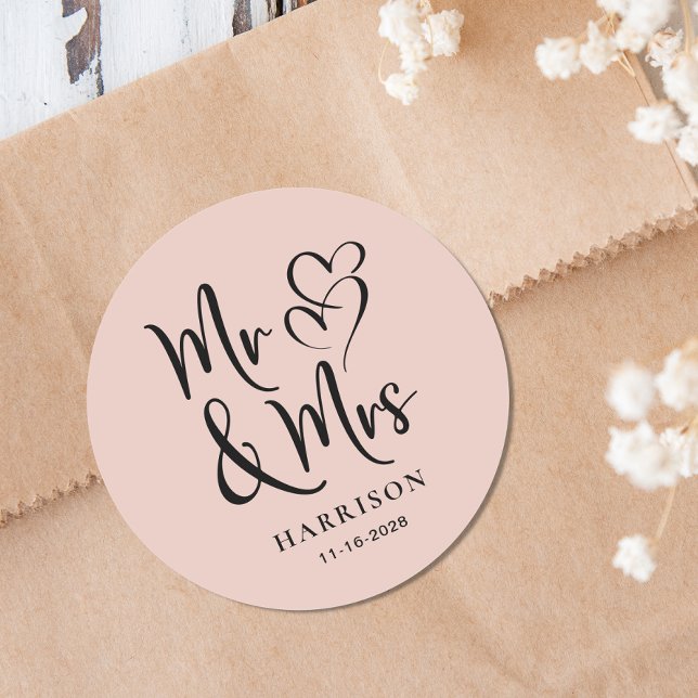 Mr Mrs Blush Pink Wedding Classic Round Sticker (Creator Uploaded)