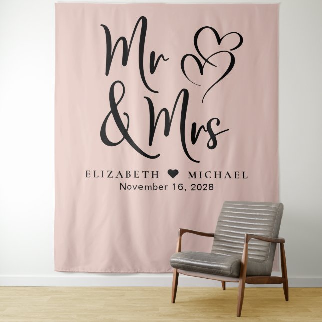 Mr Mrs Blush Pink Wedding Tapestry (In Situ)