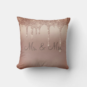 Mr. & Mrs Bronze Glitter Wedding Keepsake Elegant Throw Pillow