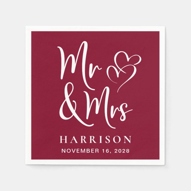 Mr Mrs Burgundy Wedding Reception Napkin (Front)