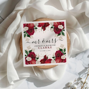 Mr & Mrs Burgundy & White Floral Elegant Wedding Napkin