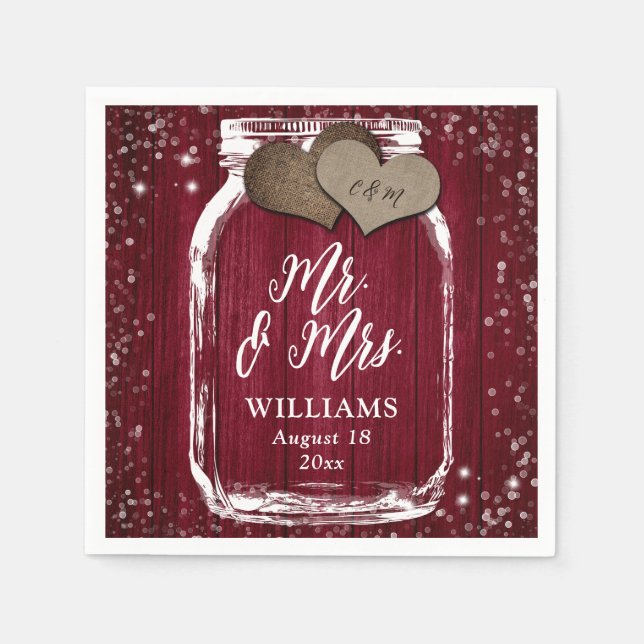 Mr. & Mrs. Burgundy Wood Mason Jar Barn Wedding Napkin (Front)