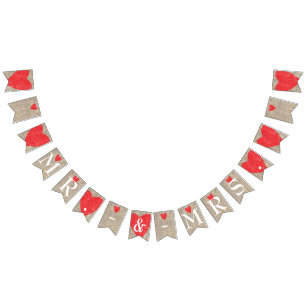 Mr. & Mrs. Burlap & Red Hearts Wedding Engagement Bunting Flags