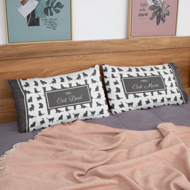 Mr. & Mrs. Cat Mom and Dad Black and White Pattern Pillowcase (Creator Uploaded)