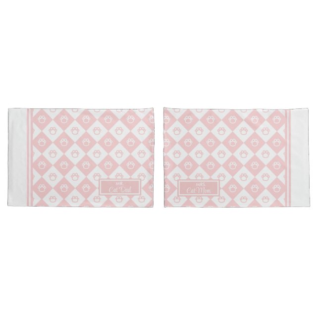 Mr. & Mrs. Cat Mom and Dad Pink Cat Paw Pattern Pillowcase (Back-Set)