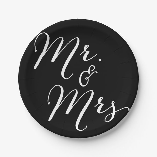 Mr & Mrs Classic Script Chic Calligraphy Wedding Paper Plate (Front)