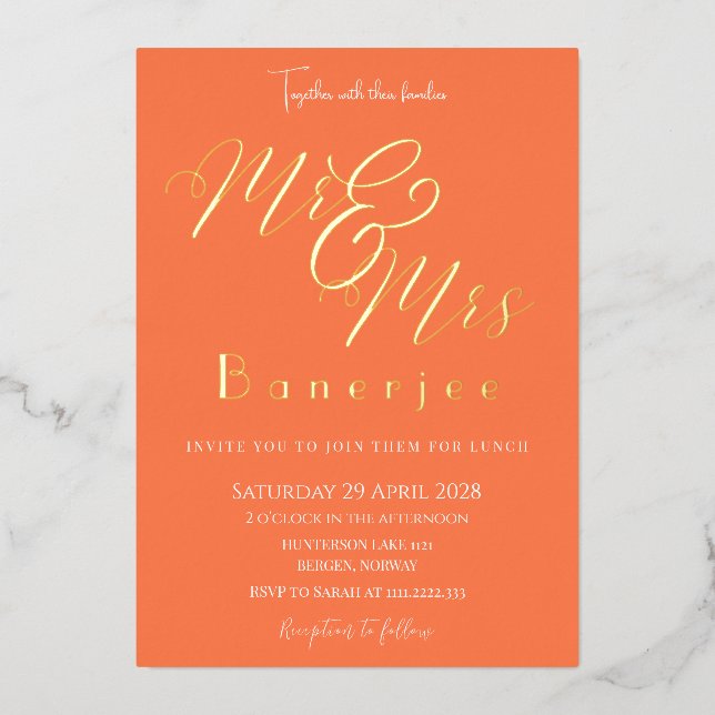 Mr & Mrs Coral Wedding Foil Invitation (Front)