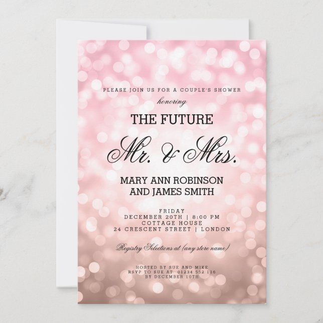 Mr Mrs Couples Shower Rose Blush Pink Bokeh Lights Invitation (Front)