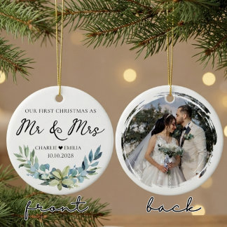 Mr & Mrs | | Custom Newlywed First Christmas Photo Ceramic Ornament