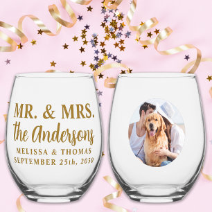 Mr & Mrs Custom Photo Modern Gold Elegant Wedding  Stemless Wine Glass