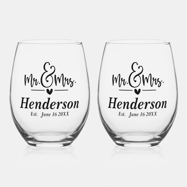 Mr & Mrs Customizable Wedding  Stemless Wine Glass (Front)