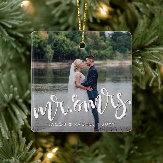 Mr. & Mrs. Distressed Overlay Photo Wedding Ceramic Ornament (Tree)