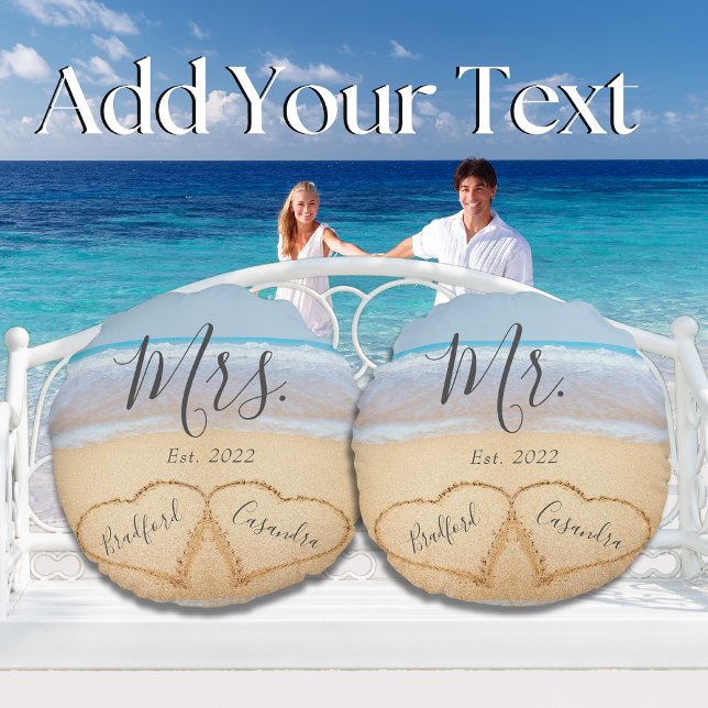 Mr. Mrs. Dusty Blue Beach Couples Hearts Sand  Round Pillow (Creator Uploaded)
