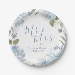 Mr & Mrs dusty blue watercolor floral wedding Paper Plate