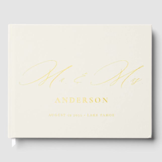 Mr & Mrs Elegant Calligraphy Cream Foil Wedding  Guest Book (Front)