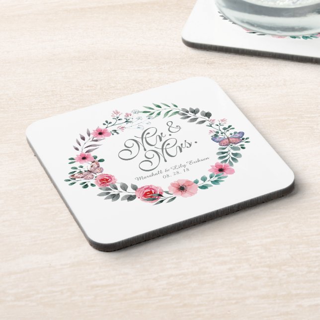 Mr. & Mrs. Elegant Floral Wedding | Coaster (Left Side)
