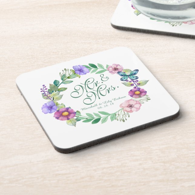 Mr. & Mrs. Elegant Floral Wedding | Coaster (Left Side)