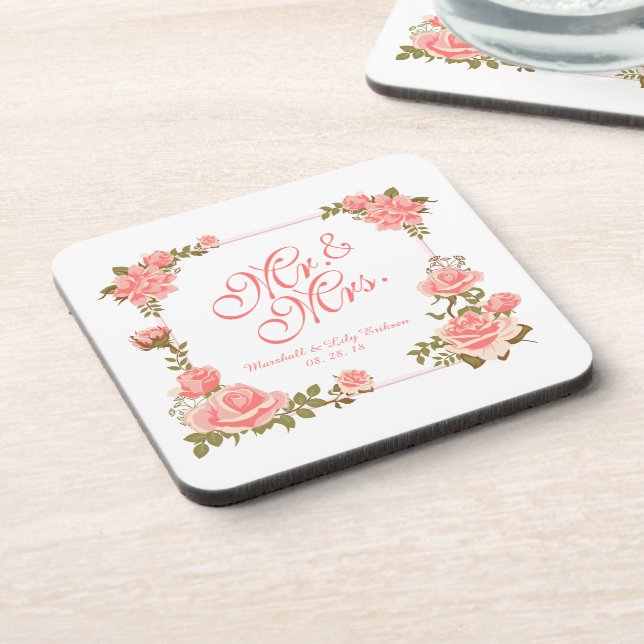 Mr. & Mrs. Elegant Floral Wedding Coaster (Left Side)