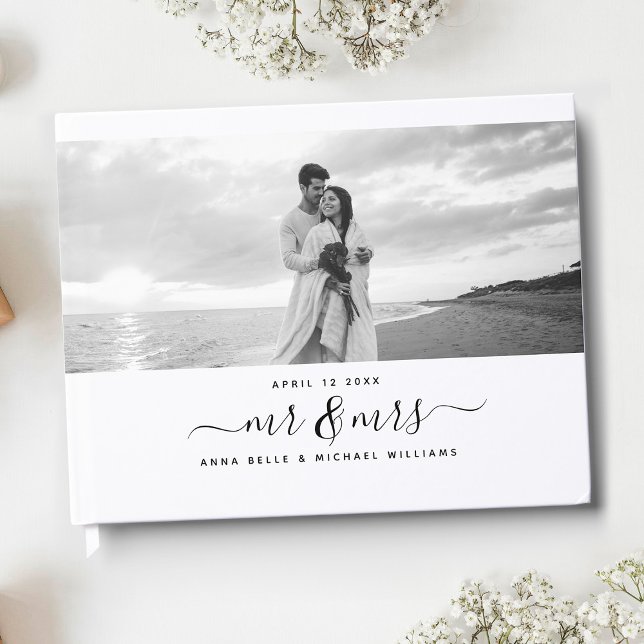 Mr & Mrs Elegant Handwritten Script Photo Wedding Guest Book (Creator Uploaded)
