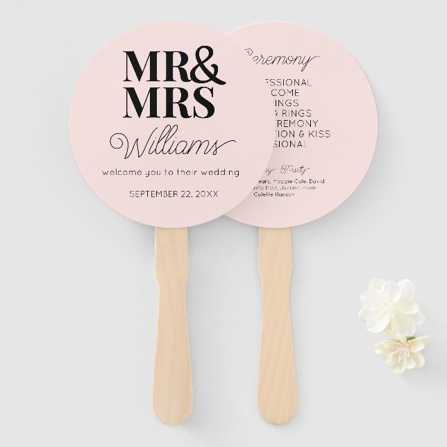 Mr & Mrs Elegant Modern Minimalist Wedding Program Hand Fan (Front and Back)