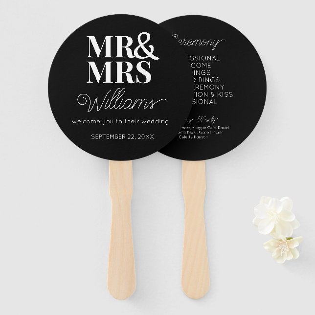 Mr & Mrs Elegant Modern Minimalist Wedding Program Hand Fan (Front and Back)