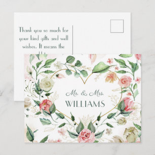 Mr. & Mrs. Elegant Pink Floral Gold Heart Wedding Postcard