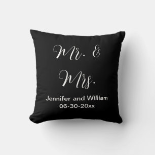 Mr & Mrs Elegant Script Black White Names Wedding Throw Pillow
