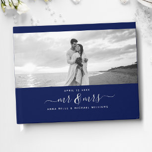 Mr & Mrs Elegant Script Navy Blue Photo Wedding Guest Book
