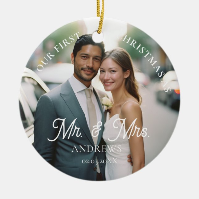 Mr. & Mrs.!  Elegant, Simpel, Photo Ceramic Ornament (Front)