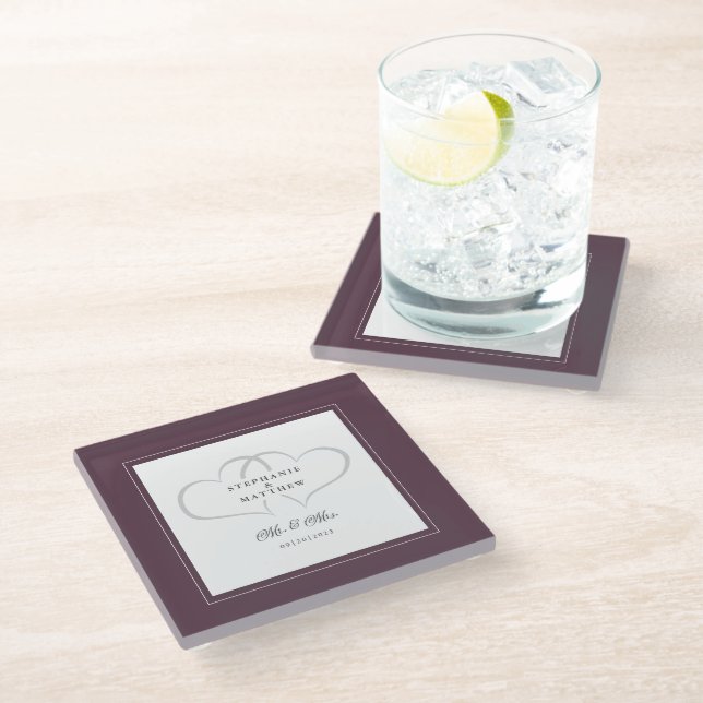 Mr & Mrs Elegant Wedding Chic Hearts Modern Purple Glass Coaster (Angled)