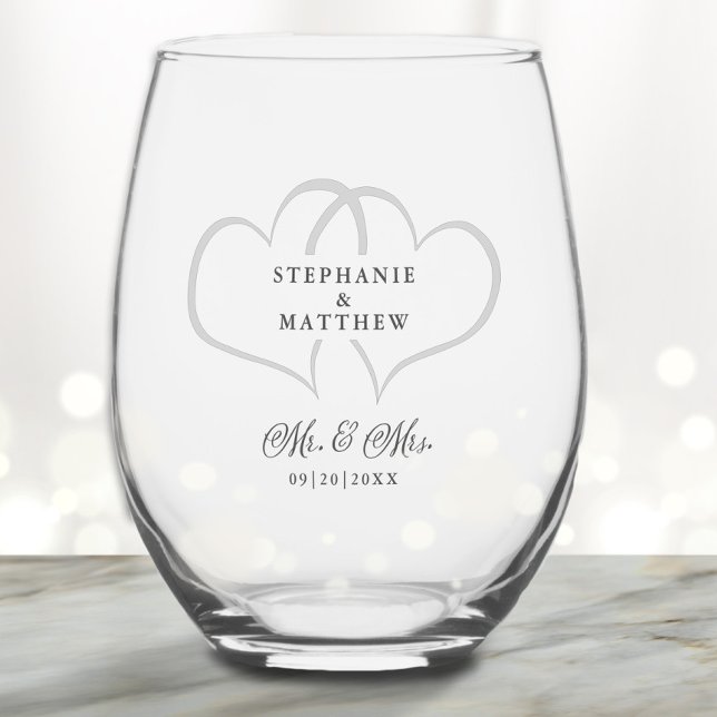 Mr & Mrs Elegant Wedding Chic Hearts Names Custom Stemless Wine Glass (Mr & Mrs Elegant Wedding Chic Hearts Names Custom Stemless Wine Glass)