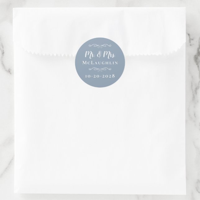 Mr & Mrs Elegant Wedding Reception Chic Dusty Blue Classic Round Sticker (Bag)