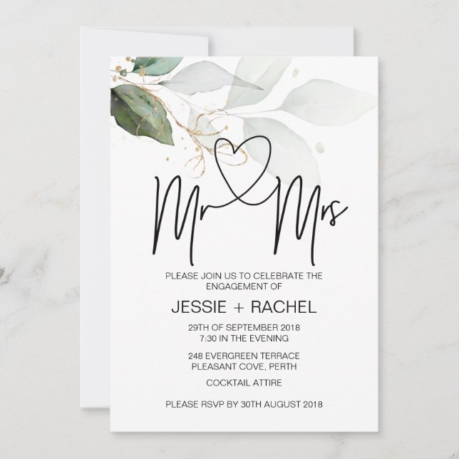 Mr & Mrs Engagement Gold Eucalyptus Engaged Invitation (Front)