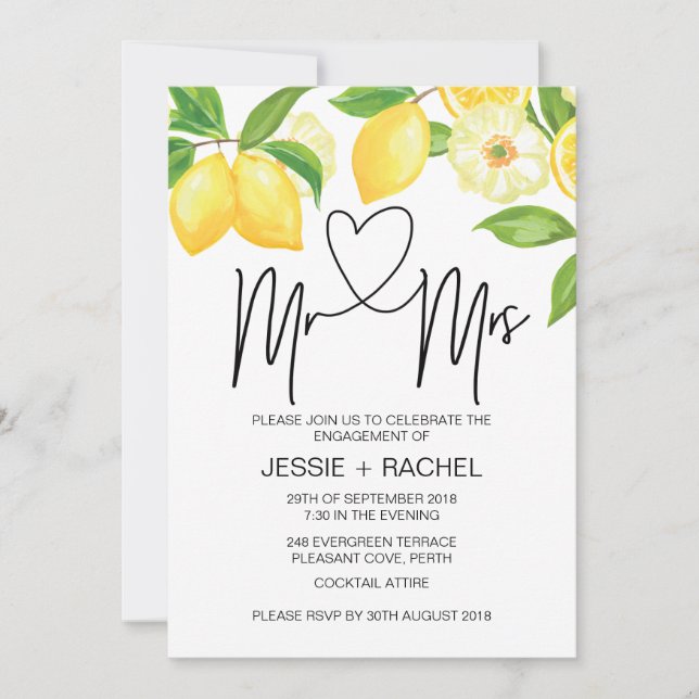 Mr & Mrs Engagement Summer Lemons Engaged Invitation (Front)
