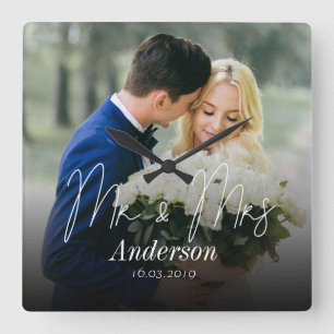 Mr & Mrs Family Name Custom Photo Square Wall Clock