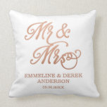 Mr & Mrs Faux Copper | Custom Names & Wedding Date Throw Pillow<br><div class="desc">White throw pillow with Mr & Mrs in printed copper tones,  making for a lovely gifts for newly weds.</div>