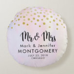 Mr. & Mrs.  Faux Gold Confetti on Purple Wedding Round Pillow<br><div class="desc">Mr. & Mrs. commemorative wedding pillow. Designed with fake gold confetti sprinkled along the top. A pale purple and yellow watercolor background.</div>