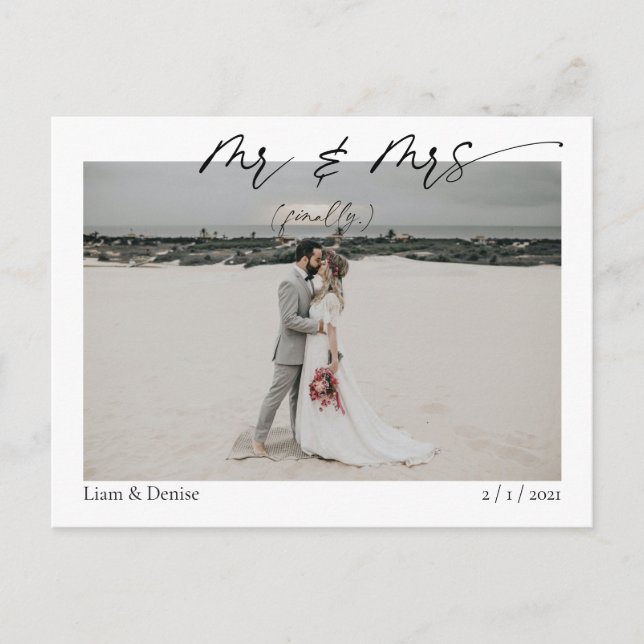 Mr & Mrs (finally) Fun Script Wedding Announcement Postcard (Front)