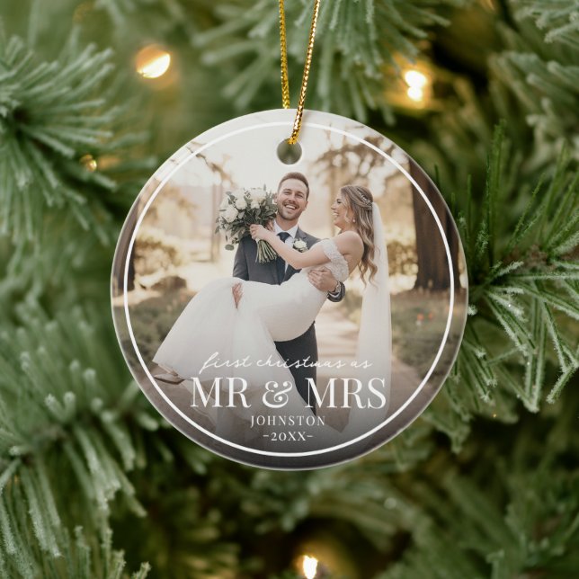 Mr & Mrs First Chirstmas Boarder Custom Photo  Ceramic Ornament (Tree)