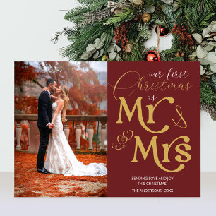 Mr & Mrs First Christmas Carmine Red Wedding Photo Holiday Card