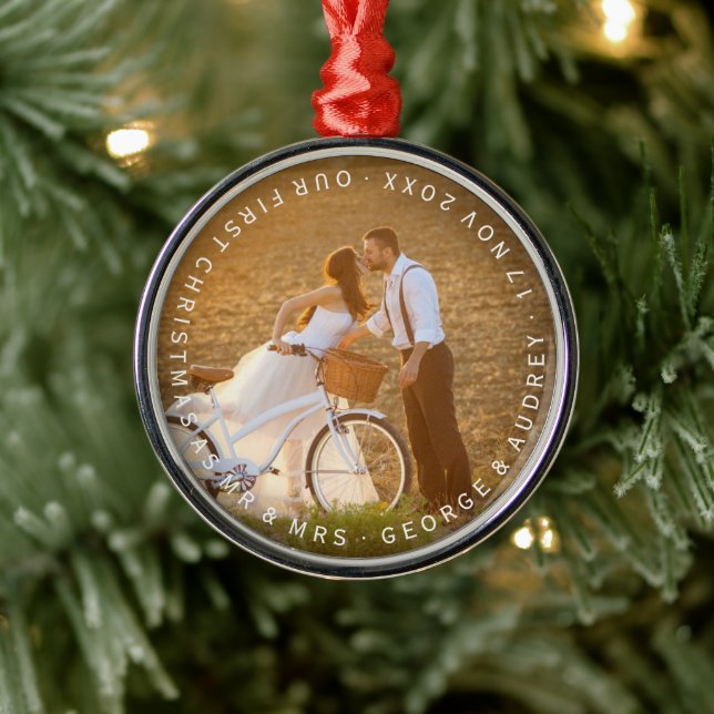 Mr & Mrs First Christmas Circle Text Wedding Photo Metal Ornament (Tree)