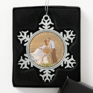 Mr & Mrs First Christmas Circle Text Wedding Photo Snowflake Pewter Christmas Ornament
