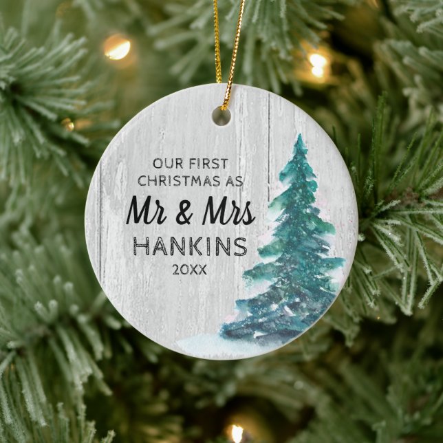 Mr & Mrs First Christmas Married Rustic Pine Tree Ceramic Ornament (Tree)