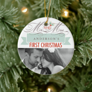 Mr & Mrs First Christmas Mistletoes Photo Wedding Ceramic Ornament