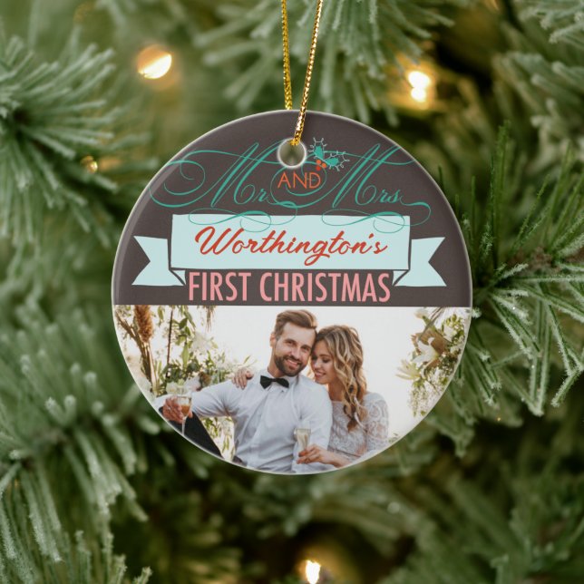 Mr & Mrs First Christmas Mistletoes Photo Wedding Ceramic Ornament (Tree)