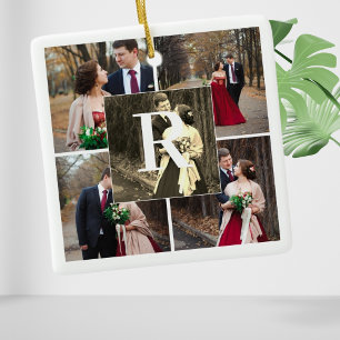 Mr. Mrs. First Christmas Monogram And 5 Photo Ceramic Ornament